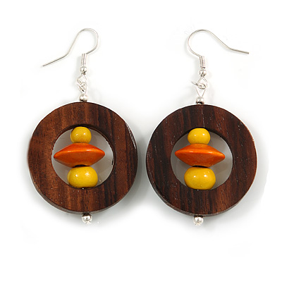 Trendy Brown Wood Hoop Earrings with Yellow/ Orange Beads in Silver Tone - 65mm Long - main view