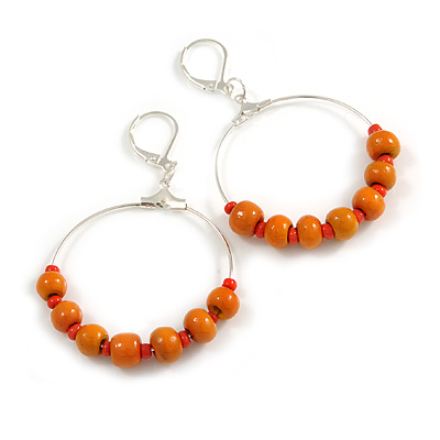 Slim Hoop Earrings with Orange Wood/ Glass Beads In Silver Tone - 35mm Diameter - main view