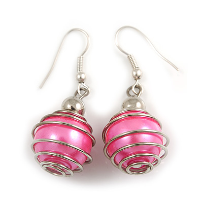 Silver Tone Pink Faux Pearl Bead Drop Earrings - 4cm Drop - main view