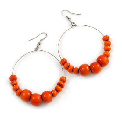 50mm Diameter Orange Wood Bead Hoop Drop Earrings In Silver Tone - 75mm Long