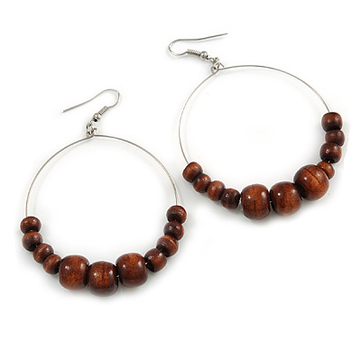 50mm Diameter Brown Wood Bead Hoop Drop Earrings In Silver Tone - 75mm Long - main view