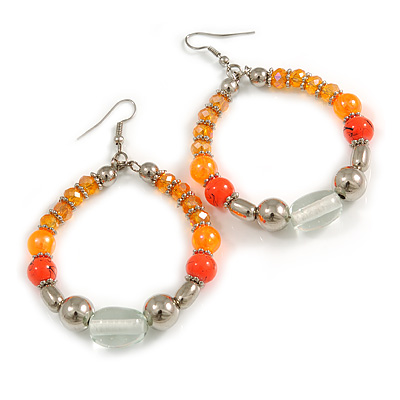 Orange/ Silver/ Transparent Ceramic/ Glass Bead Hoop Earrings In Silver Tone - 80mm Long - main view