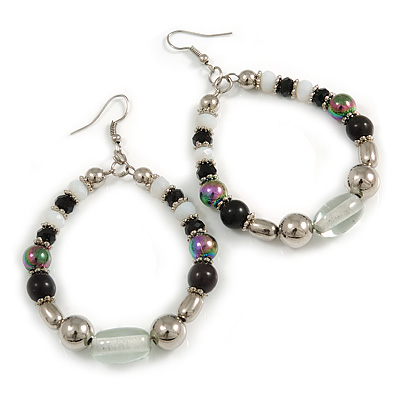 Black/ White/ Transparent Ceramic/ Glass Bead Hoop Earrings In Silver Tone - 80mm Long - main view
