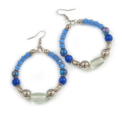 Blue/ Silver/ Transparent Ceramic/ Glass Bead Hoop Earrings In Silver Tone - 80mm Long - main view