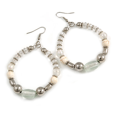 White/ Silver/ Transparent Ceramic/ Glass Bead Hoop Earrings In Silver Tone - 80mm Long - main view