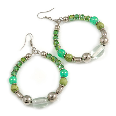 Green/ Lime/ Transparent Ceramic/ Glass Bead Hoop Earrings In Silver Tone - 80mm Long - main view