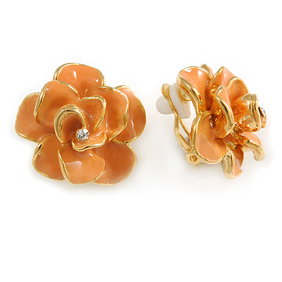 Pastel Orange Enamel Rose Flower Clip On Earrings In Gold Tone - 23mm Diameter
