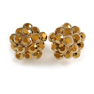 Bronze Crystal Floral Clip On Earrings In Gold Tone - 20mm D