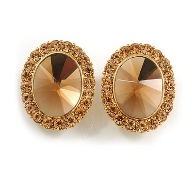 Statement Oval Topaz Glass and Champagne Crystal Clip On Earrings In Gold Tone - 27mm Tall - main view
