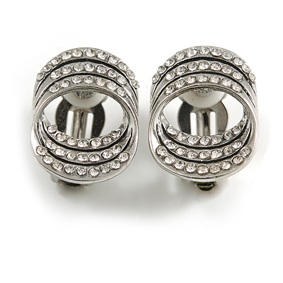 Trendy Triple Circle Clear Crystal Clip On Earrings In Silver Tone - 20mm Tall - main view