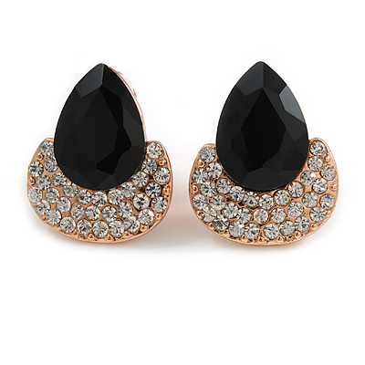 Black/ Clear Crystal Teardrop Clip On Earrings In Rose Gold Tone Metal - 25mm Tall - main view