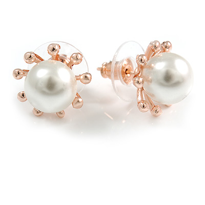 15mm White Simulated Glass Pearl Sunflower Stud Earrings In Rose Gold Tone Metal - main view