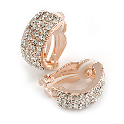 C-Shape Clear Crystal Clip-on Earrings In Rose Gold Tone Metal - 20mm Tall - main view