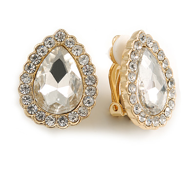 Clear Crystal Teardrop Clip On Earrings In Gold Tone - 22mm Tall - main view