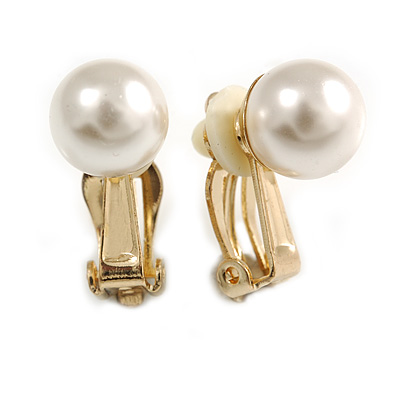 10mm D Classic Faux Pearl Clip On Earrings In Gold Tone - main view