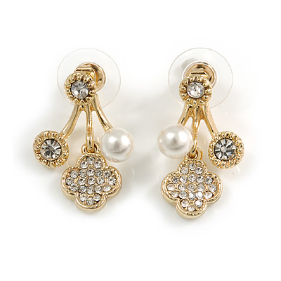 Gold Tone Clear Crystal White Faux Pearl Front Back Stud Earrings - 25mm Drop - main view