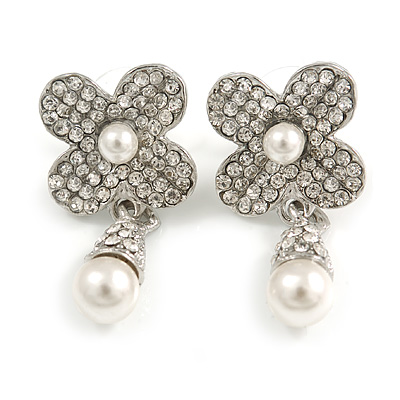 Bridal/ Prom/ Wedding Clear Crystal Faux Pearl Flower Earrings In Silver Tone - 40mm Long - main view