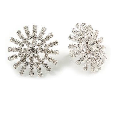 Christmas Clear Crystal Snowflake Stud Earrings In Silver Tone - 25mm Diameter - main view