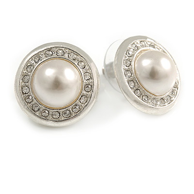 Clear Crystal Faux Pearl Button Shape Stud Earrings In Silver Tone - 18mm D - main view