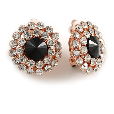 Clear/ Black Crystal Floral Clip On Earrings In Rose Gold Tone - 20mm Diameter - main view