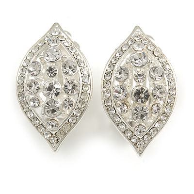 Clear Crystal Leaf Clip On Earrings In Silver Tone - 28mm Tall - main view