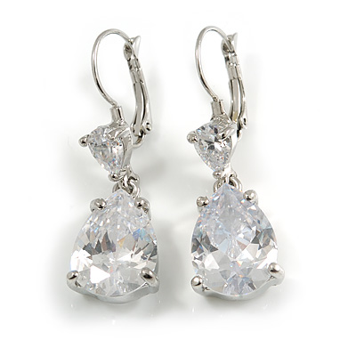 Bridal/ Prom/ Wedding Clear Cz Teardrop Earrings In Rhodium Plating With Leverback Closure - 45mm L