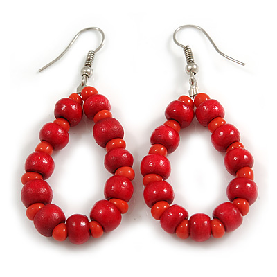 Red Wood and Glass Bead Oval Drop Earrings In Silver Tone - 55mm Long - main view