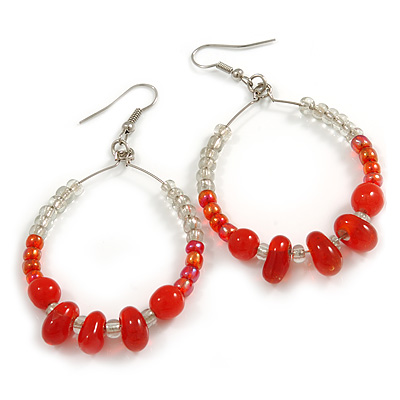 Red/ Transparent Ceramic/ Glass Bead Hoop Earrings In Silver Tone - 70mm Long - main view