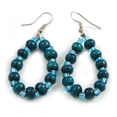 Teal Wood and Glass Bead Oval Drop Earrings In Silver Tone - 55mm Long - main view