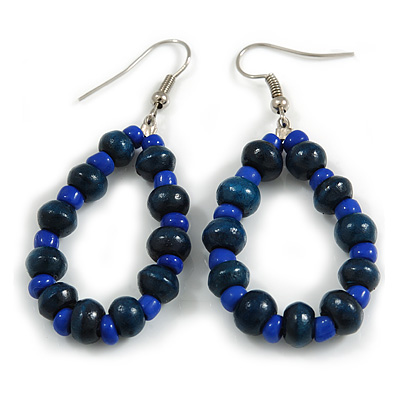 Dark Blue/ Purple Blue Wood and Glass Bead Oval Drop Earrings In Silver Tone - 55mm Long - main view