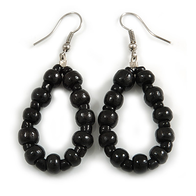 Black Wood and Glass Bead Oval Drop Earrings In Silver Tone - 55mm Long - main view