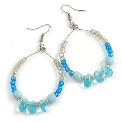 Light Blue/ Transparent Ceramic/ Glass Bead Hoop Earrings In Silver Tone - 70mm Long