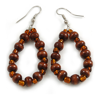 Brown Wood and Glass Bead Oval Drop Earrings In Silver Tone - 55mm Long - main view