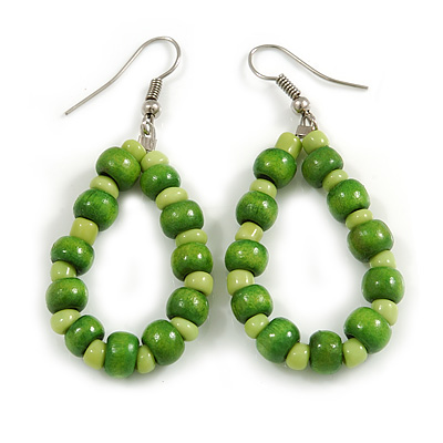 Lime Green Wood and Glass Bead Oval Drop Earrings In Silver Tone - 55mm Long - main view