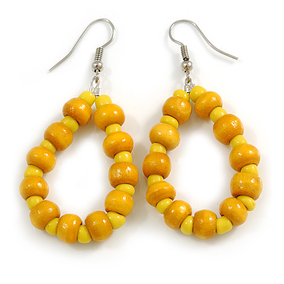 Yellow Wood and Glass Bead Oval Drop Earrings In Silver Tone - 55mm Long - main view