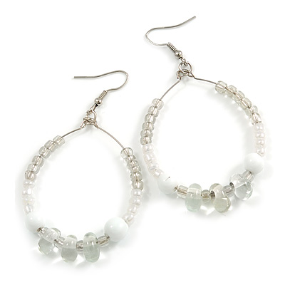 Snow White/ Transparent Ceramic/ Glass Bead Hoop Earrings In Silver Tone - 70mm Long - main view