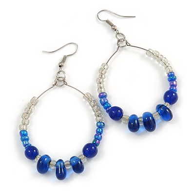 Royal Blue/ Transparent Ceramic/ Glass Bead Hoop Earrings In Silver Tone - 70mm Long - main view
