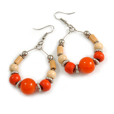 Orange Ceramic/ Natural Wood Bead Hoop Earrings In Silver Tone - 70mm Long - main view