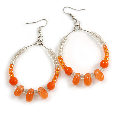 Orange/ Transparent Ceramic/ Glass Bead Hoop Earrings In Silver Tone - 70mm Long - main view