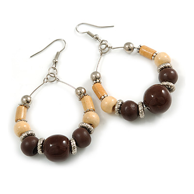 Brown Ceramic/ Natural Wood Bead Hoop Earrings In Silver Tone - 70mm Long