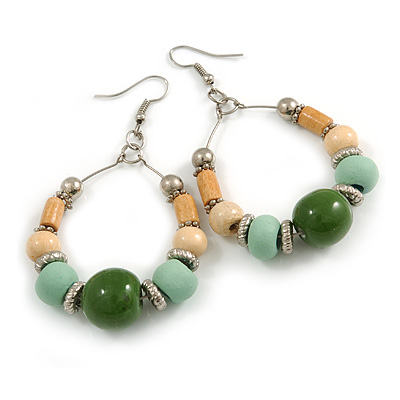 Mint/ Green Ceramic/ Natural Wood Bead Hoop Earrings In Silver Tone - 70mm Long - main view