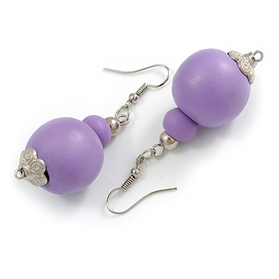 Lilac Double Bead Wood Drop Earrings In Silver Tone - 60mm Long - main view