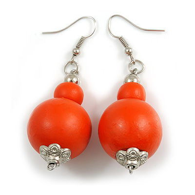 Orange Double Bead Wood Drop Earrings In Silver Tone - 60mm Long