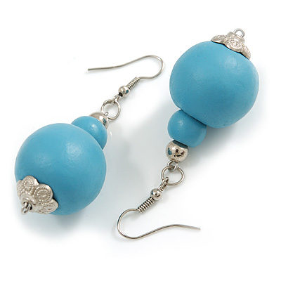 Pastel Blue Double Bead Wood Drop Earrings In Silver Tone - 60mm Long - main view