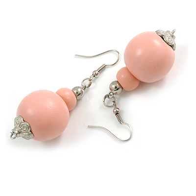 Pastel Pink Double Bead Wood Drop Earrings In Silver Tone - 60mm Long - main view