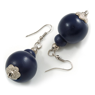 Dark Blue Double Bead Wood Drop Earrings In Silver Tone - 60mm Long - main view
