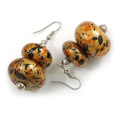 Glitter Gold/ Black/ Orange Double Bead Wood Drop Earrings In Silver Tone - 55mm Long - main view