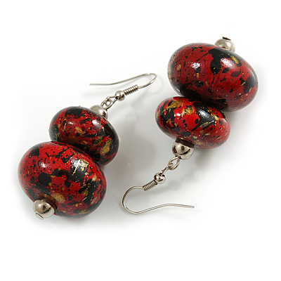 Red/ Black/ Gold Double Bead Wood Drop Earrings In Silver Tone - 55mm Long - main view
