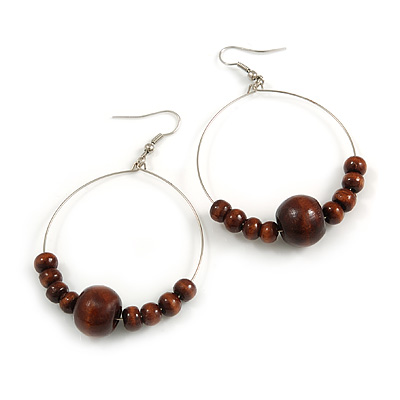 50mm Diameter Brown Wood Bead Hoop Drop Earrings In Silver Tone - 75mm Long