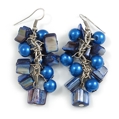 Royal Blue/ Navy Blue Glass Bead, Shell Nugget Cluster Dangle/ Drop Earrings In Silver Tone - 60mm Long - main view